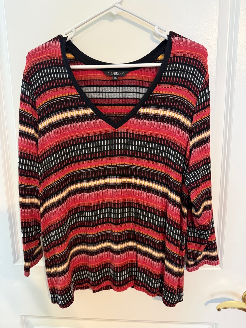 Liverpool Striped V-Neck Knit Top - Pink, Black, Gold, Cream, 3/4 sleeve  XL